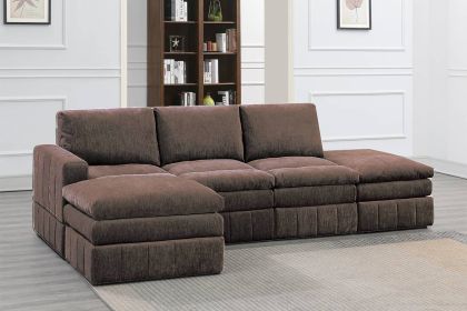 Contemporary 5pc Set Modular L-Sectional Set 1x One Arm Chair / Wedge 2x Armless Chairs 2x Ottomans Mink Morgan Fabric Plush Living Room Furnitur