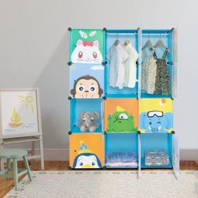 4 layers, 12 grids with animal patterns and 2 hanging rods, Rubik's cube wardrobe, plastic, steel wire, 105*35*140cm, patterned door, blue cabine