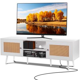 VEVOR Rattan TV Stand for 65 inch TV, Boho TV Stand with Rattan Door, Entertainment Center with Build-in Socket and USB Ports