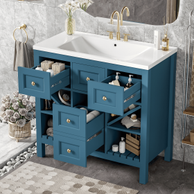 36'' Bathroom Vanity with Resin Sink Combo, Solid Wood Frame Bathroom Storage Cabinet, Freestanding Vanity Set with 5 Drawers& Soft Closing Doors
