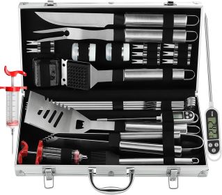 Grilljoy 24PCS BBQ Grill Tools Set With Meat Thermometer And Injector - Extra Thick Stainless Steel Fork, Spatula& Tongs - Complete BBQ Accessories In (Option: Silver-Stainless Steel)