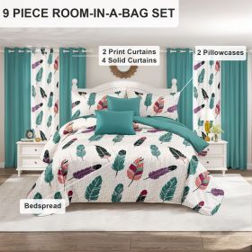 9 Piece Soft All-Season Washed Microfiber Cover Set , Queen/King/Calking Bedding Set With Pillowcases,Bedspread Print Curtains & Solid Curtains,P (Color: colorful feather, size: CAL KING)