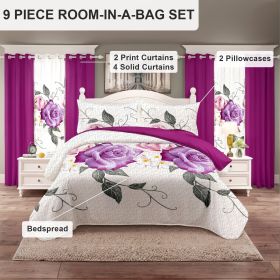 9 Piece Soft All-Season Washed Microfiber Cover Set , Queen/King/Calking Bedding Set With Pillowcases,Bedspread Print Curtains & Solid Curtains,P (Color: pink rose, size: KING)