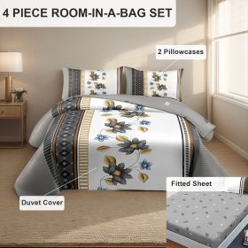 4 Piece Soft All-Season Washed Microfiber Cover Set , Queen/King/Calking Bedding Set With Zipper Closure, Sheet, Pillowcases,Print, Moisture-Wick (Color: grey/white flower, size: CAL KING)