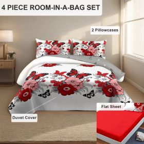 4 Piece Soft All-Season Washed Microfiber Cover Set , Queen/King/Calking Bedding Set With Zipper Closure, Sheet, Pillowcases,Print, Moisture-Wick (Color: red butterfly peony, size: CAL KING)