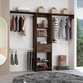 Brisk Closet System, One Drawer, Three Metal Rods, Five Open Shelves (Color: Dark Walnut)