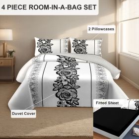 4 Piece Soft All-Season Washed Microfiber Cover Set , Queen/King/Calking Bedding Set With Zipper Closure, Sheet, Pillowcases,Print, Moisture-Wick (Color: black/white boho flower, size: CAL KING)