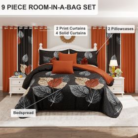 9 Piece Soft All-Season Washed Microfiber Cover Set , Queen/King/Calking Bedding Set With Pillowcases,Bedspread Print Curtains & Solid Curtains,P (Color: Brown/Black Leaf, size: CAL KING)