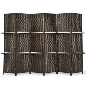 6 Panel Folding Weave Fiber Room Divider with 2 Display Shelves (Color: brown)