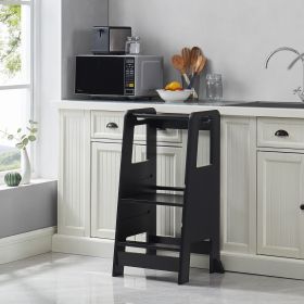 Kid's Wooden Kitchen Step Stool, Adjustable Platform Standing Tower, with Safety Guardrail Child Studying Tower, Toddler Stool for Bathroom (Color: Black)