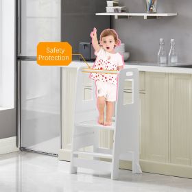 Kid's Wooden Kitchen Step Stool, Adjustable Platform Standing Tower, with Safety Guardrail Child Studying Tower, Toddler Stool for Bathroom (Color: White)