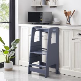 Kid's Wooden Kitchen Step Stool, Adjustable Platform Standing Tower, with Safety Guardrail Child Studying Tower, Toddler Stool for Bathroom (Color: Grey)