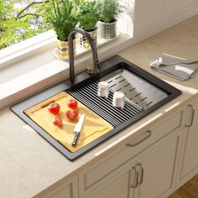 33-inch Drop-in Quartz Stone Workstation Kitchen Sink Top-mount Single Bowl Kitchen Sinks Granite Composite Sink with Black or White Finish (Color: Black)