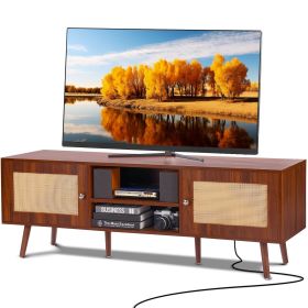 VEVOR Rattan TV Stand, Mid Century Modern TV Stand for 65 inch TV, Boho Rattan TV Cabinet with Build-in Socket and USB Ports (Color: Walnut, size: 55 inch)